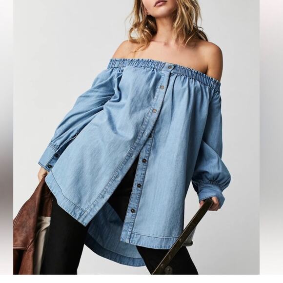 Free People Light Blue Off-Shoulder Tunic - Picture 1 of 4